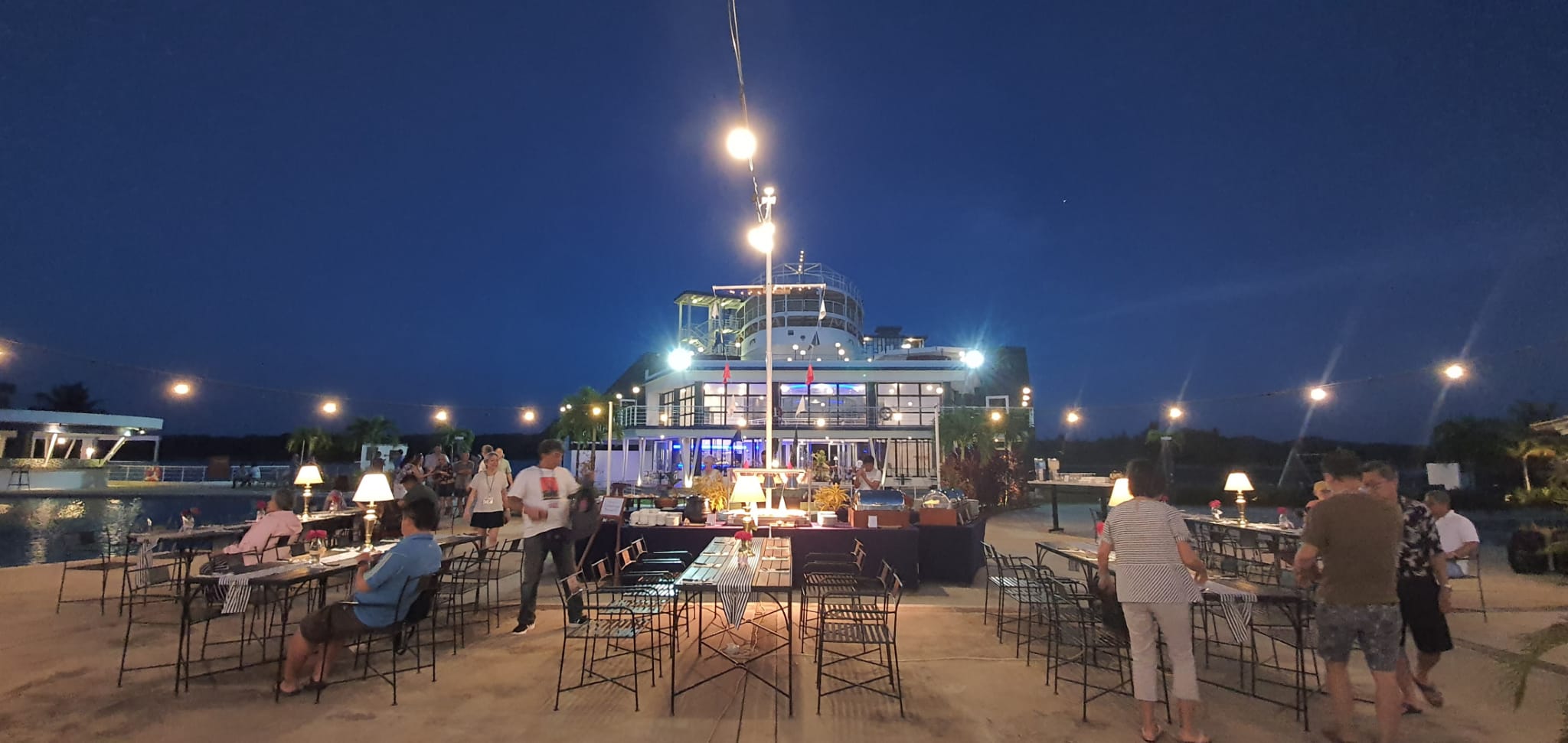 Buffet line with Ship as the background