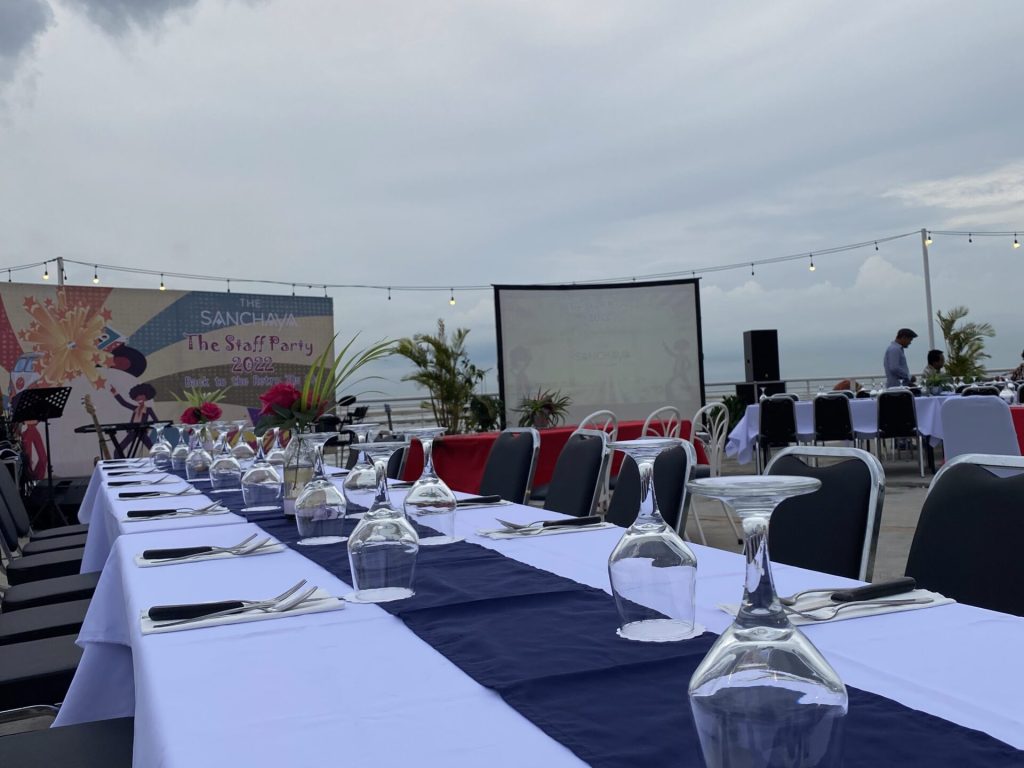 A neat table set-up with the sky as the background