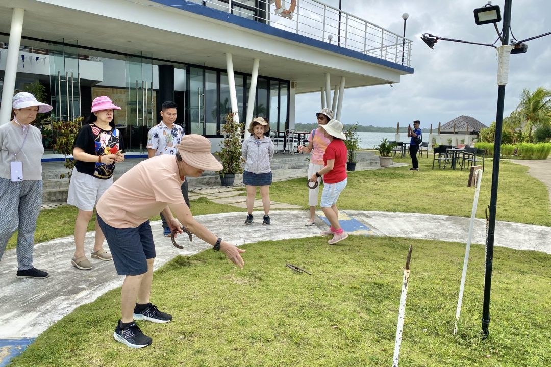 Its never too old to try this horse-shoe pitching